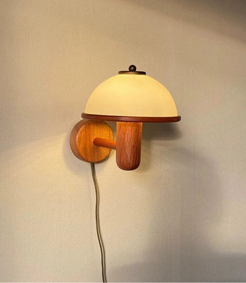 Mushroom wall lamp, homestay light corridor, bedroom, bedside, wiring free Korean Vintage, retro and nostalgic solid wood home