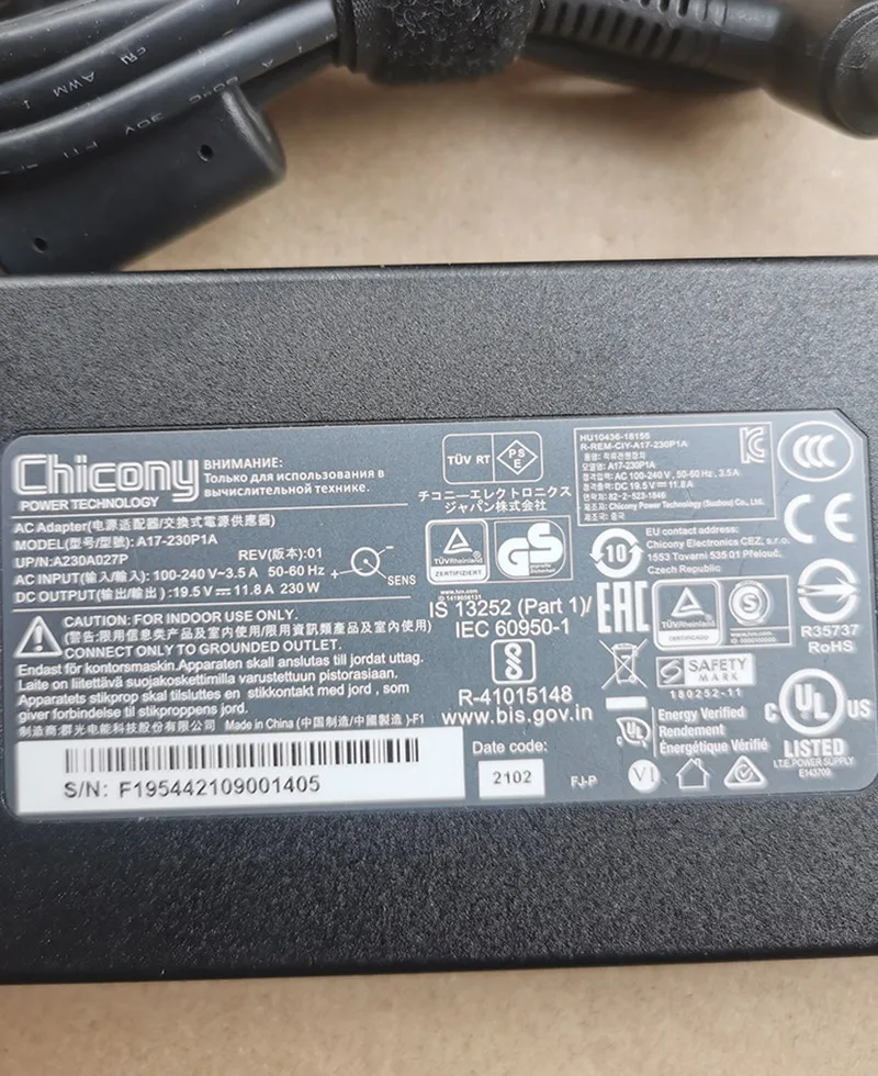 Genuine A17-230P1A Chicony 19.5V 11.8A 230W AC Adapter Charger For Acer Predator PH517-61 PH717-71 Laptop Power Supply 7.4*5.0mm