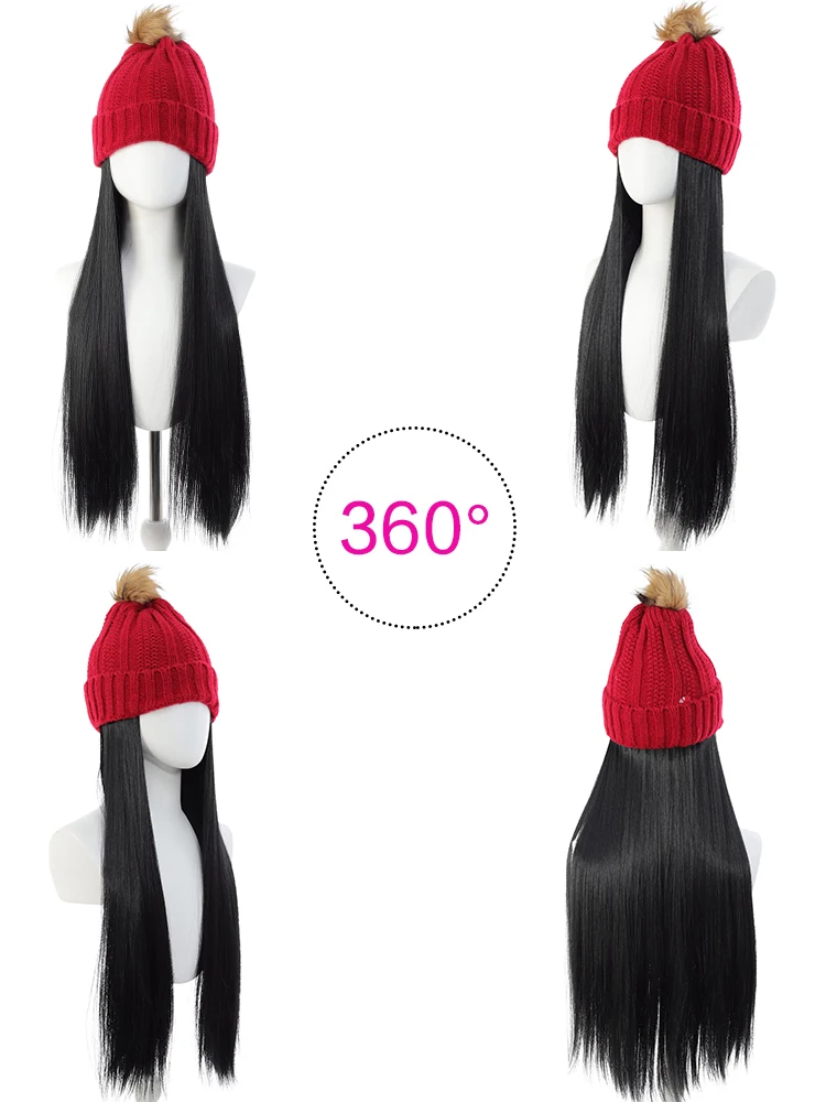 Long Straight Hat Wig Synthetic Wig With Elastic Knitted Hat Wig High Temperature Fiber, Suitable For Daily Wear, Autumn Winter