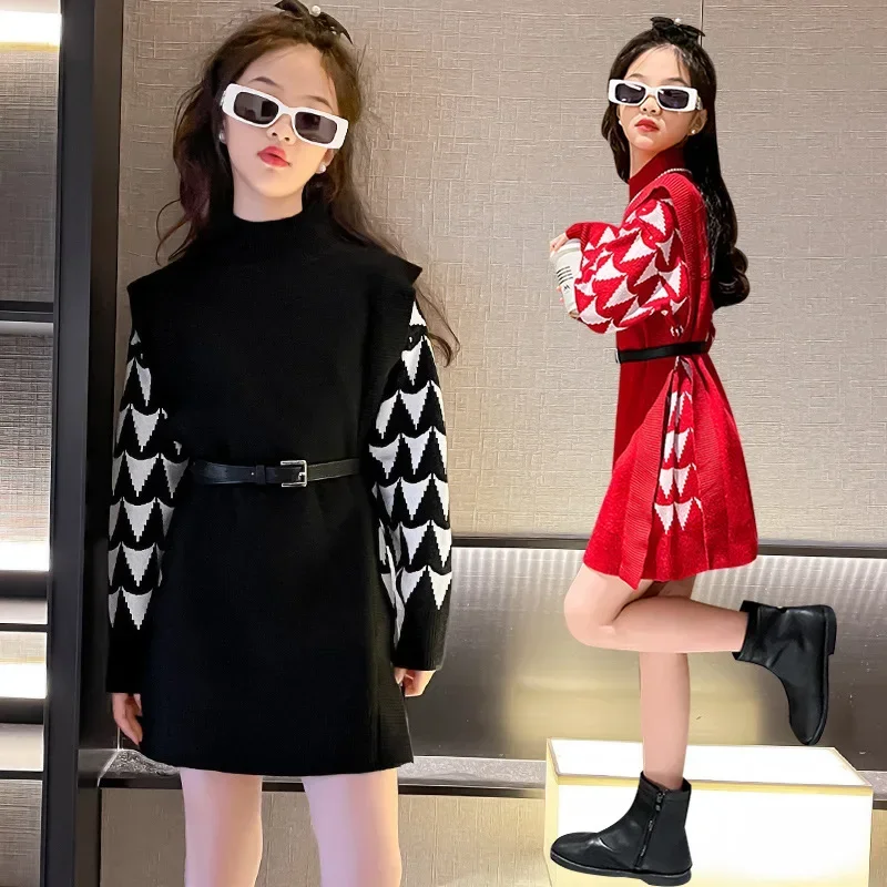 Korean Autumn Winter Junior Girl Long Sweater Contrast Stitching Sleeves Top Teenager Knitted Sweater School Kintwears Matching