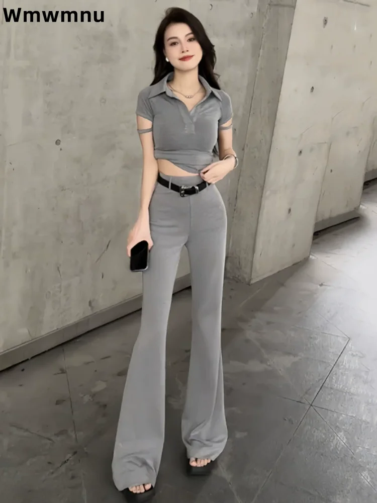 

Модный спортивный Conjuntos с короткими рукавами, женский повседневный тонкий комплект из двух предметов, высокая талия, широкие брюки, прямые брюки, ансамбли