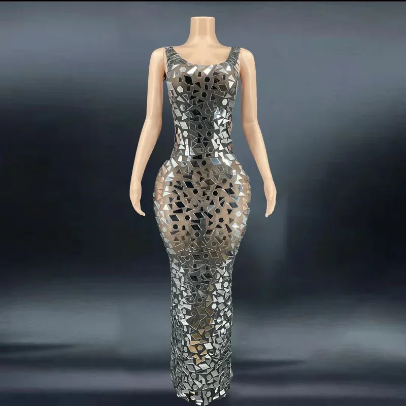 

Evening Birthday Celebrate Prom Bar Women Dancer Net Dress Sparkly Silver Mirrors Black Mesh Transparent Sleeveless Dress