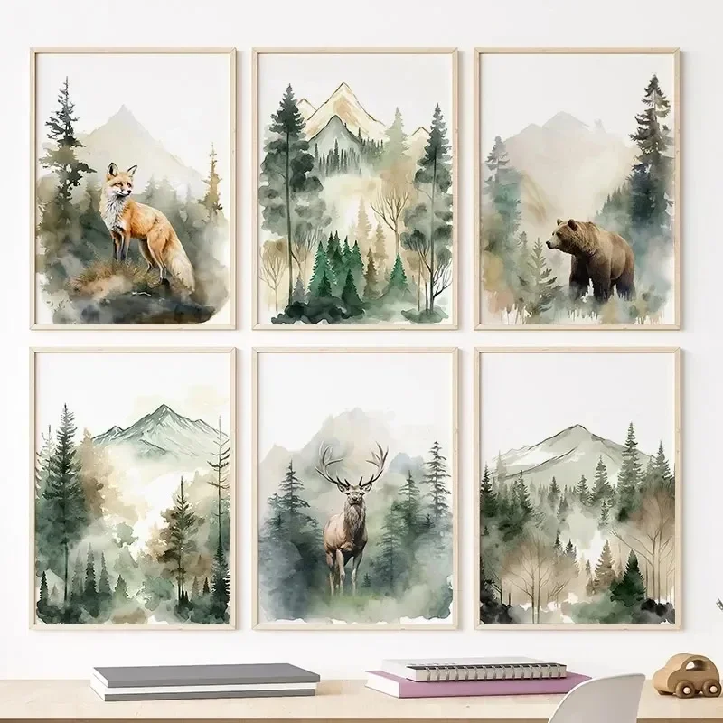 Nordic Posters and Prints Forest Fog Bear Wolf Deer Animals Nursery Wall Art Canvas Painting Pictures Baby Kids Room Decoration