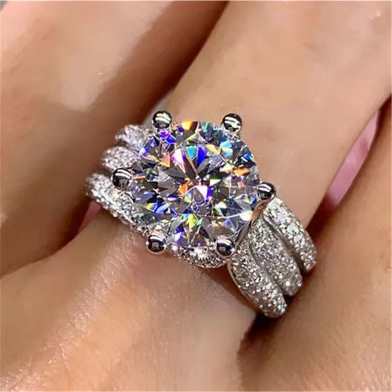 JMK Luxury Six-claw Cubic Zircon Rings Women Men Bridal Wedding Bands Engagement Jewelry Gift for Couple Girlfriend