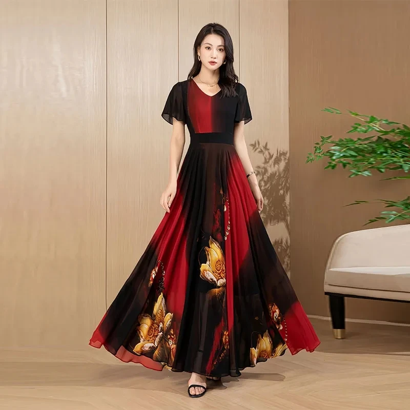 Dress Evening Dresses new Long Dresses Chiffon Dress Female Gentle Wind Summer Covered Belly Long Skirt  Big Swing Skirt