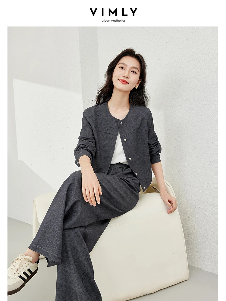 VIMLY Women\'s Two Piece Set Autumn Long Sleeve Cardigan Jacket+Elastic Waist Pants Commuter Style Casual Simple Workwear Suit