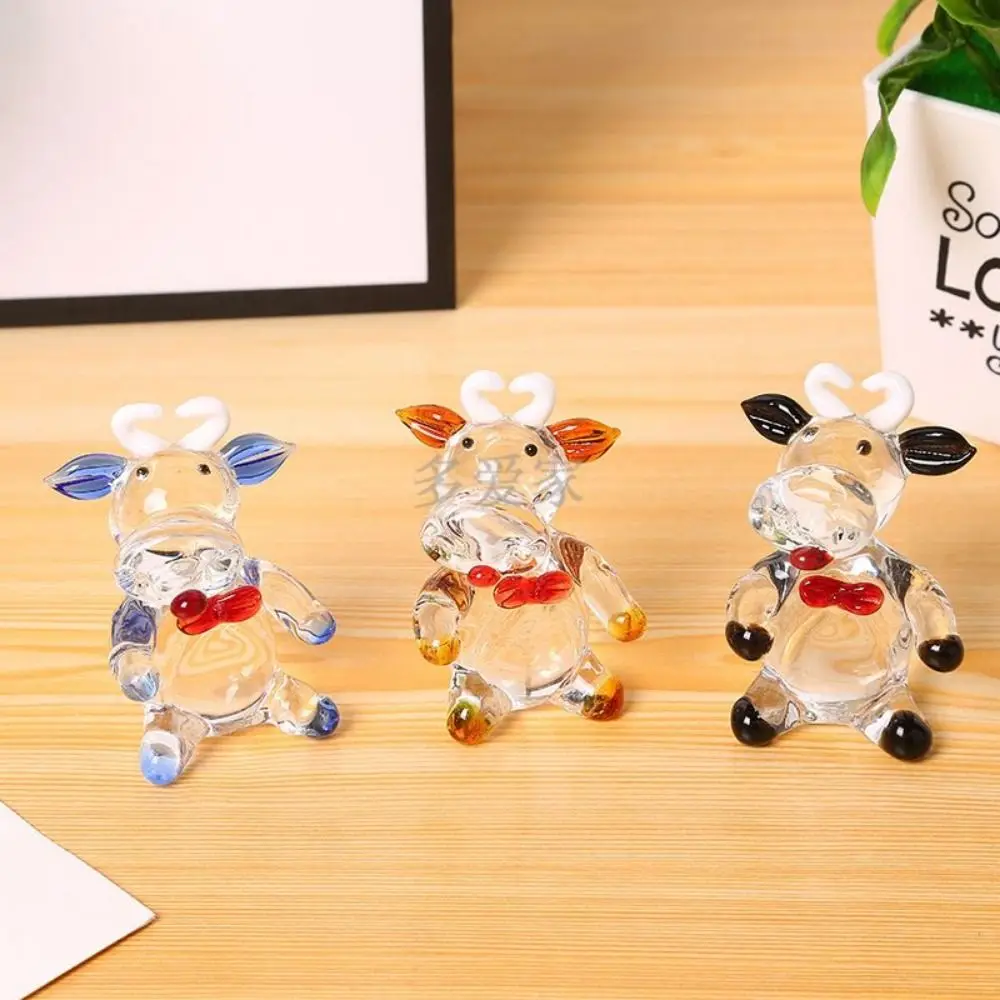 Multicolor Hand Blown Crystal Cow Ornament Cartoon Small Glass Cow Miniature Cute Animal Figurine Living Room