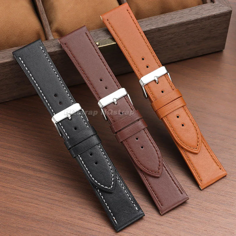 20mm 22mm Soft Cowhide Watch Band for Seiko for Omega Leather Strap Vintage Edge Stitching Bracelet Sport Waterproof Wristband