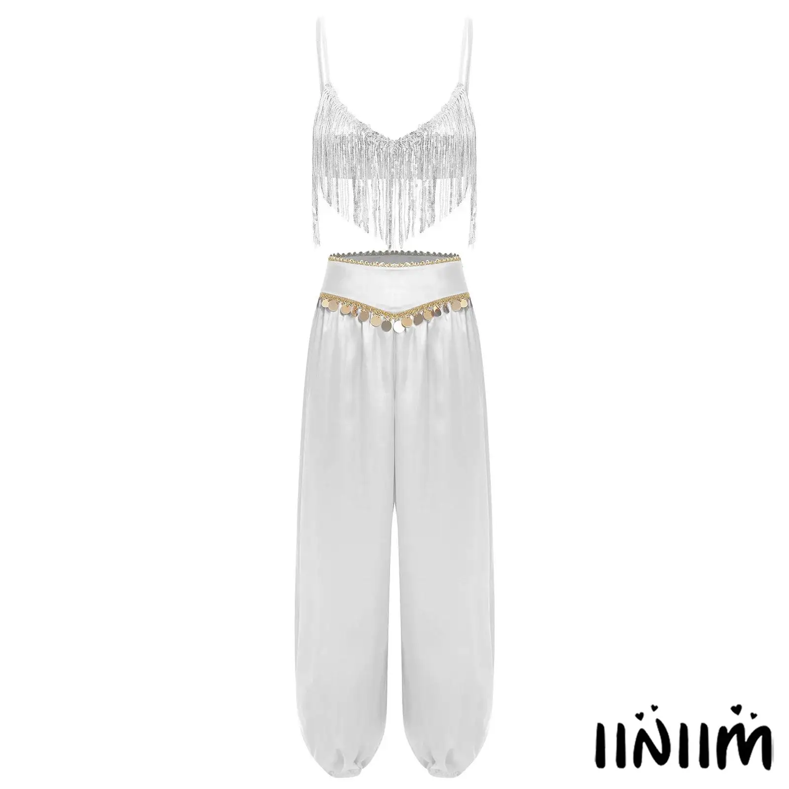 

Womens Belly Dance Outfit Sequin Tassel No-pad Wireless Bra Top and Shiny Fringed Harem Pants Baggy Pants for Halloween Party
