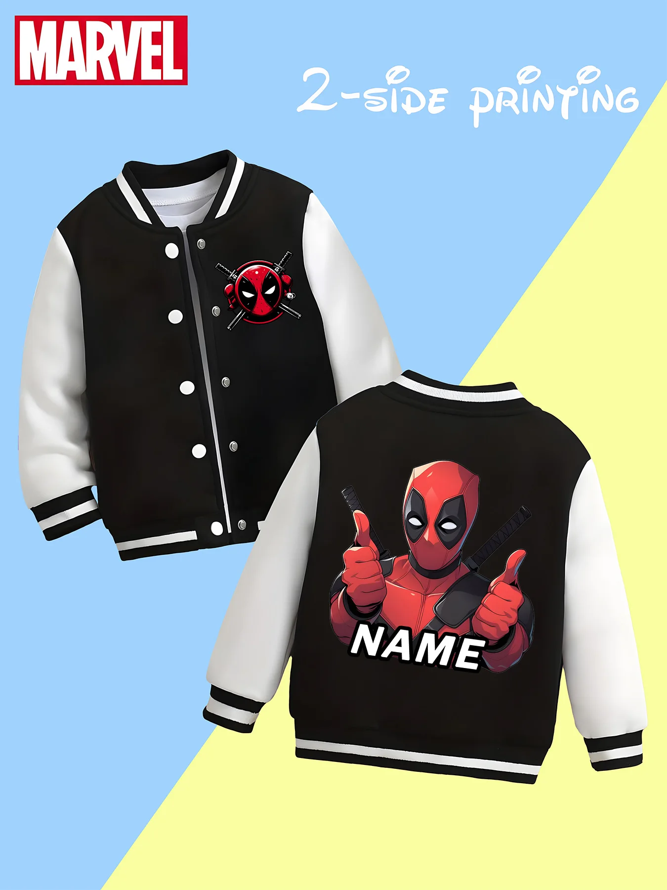 

MINISO Marvel boys' baseball jacket - Deadpool's funny thumbs-up print, double-sided to show fun images, a must-have for school