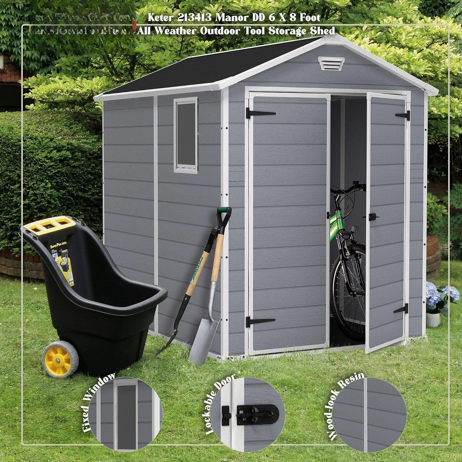 6x8 Foot All Weather Garden Tool Outdoor Storage Shed with Lockable Double Doors, Fixed Window and Wood-Look, Custom