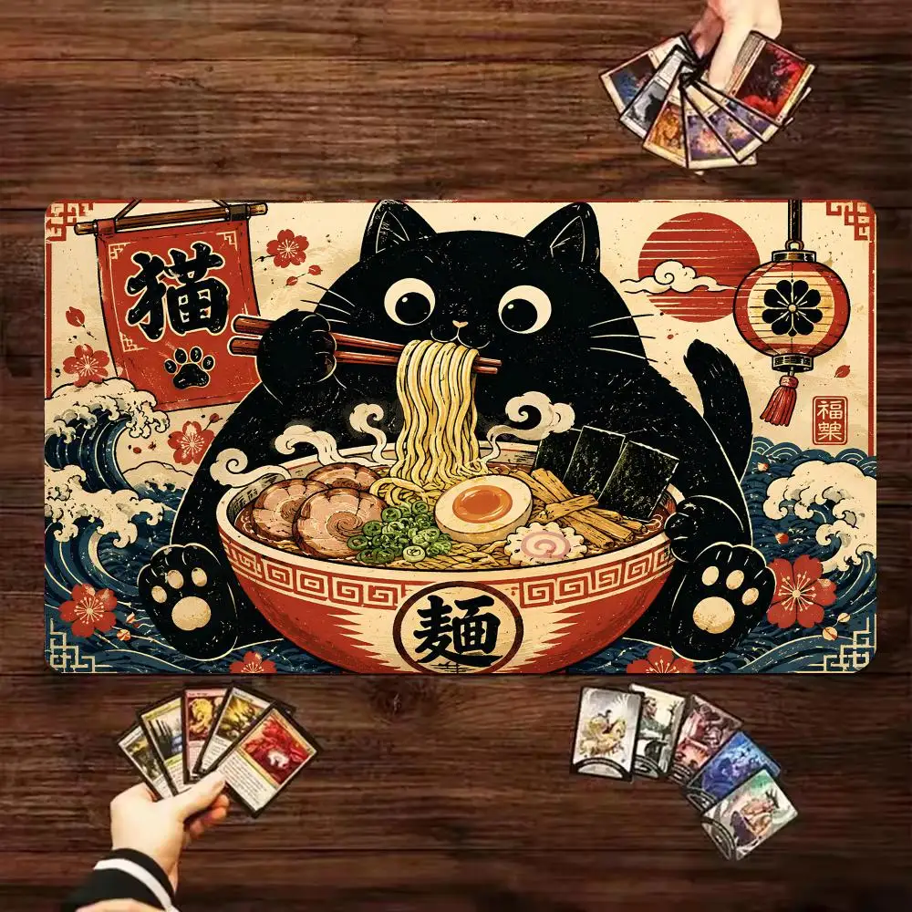 Japanese Ukiyo-e Black Cat Eating Ramen TCG Playmat Cute Wave Sakura MTG Magic Game Mat Non Slip Rubber Card Gaming Mouse Pad