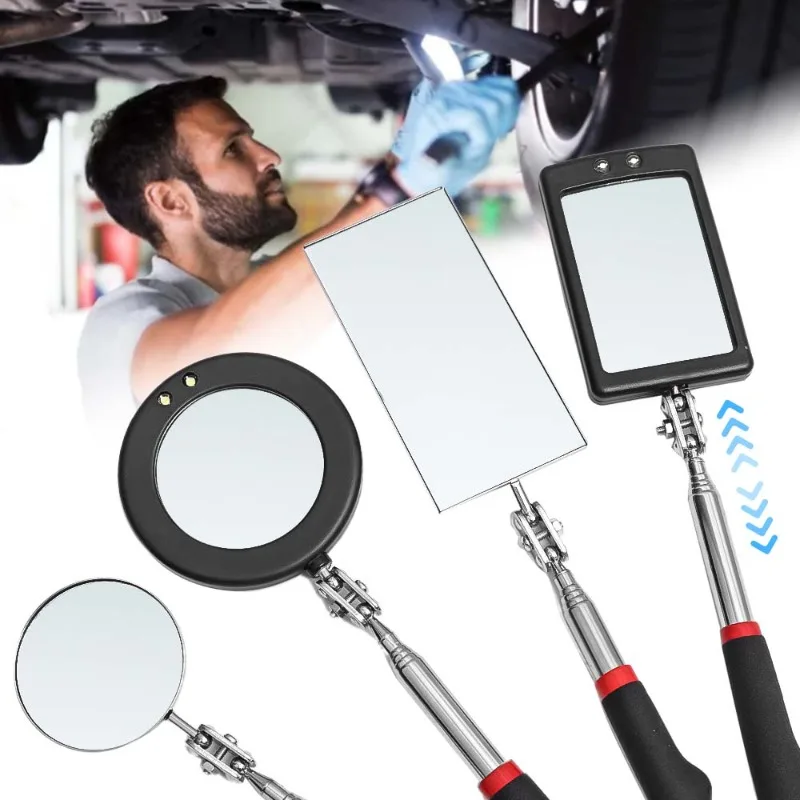 360° Car Inspection Mirror Telescoping Mirrors Extend Mechanic Tool LED Light Inspection Mirror Telescopic Handle Repairing Tool