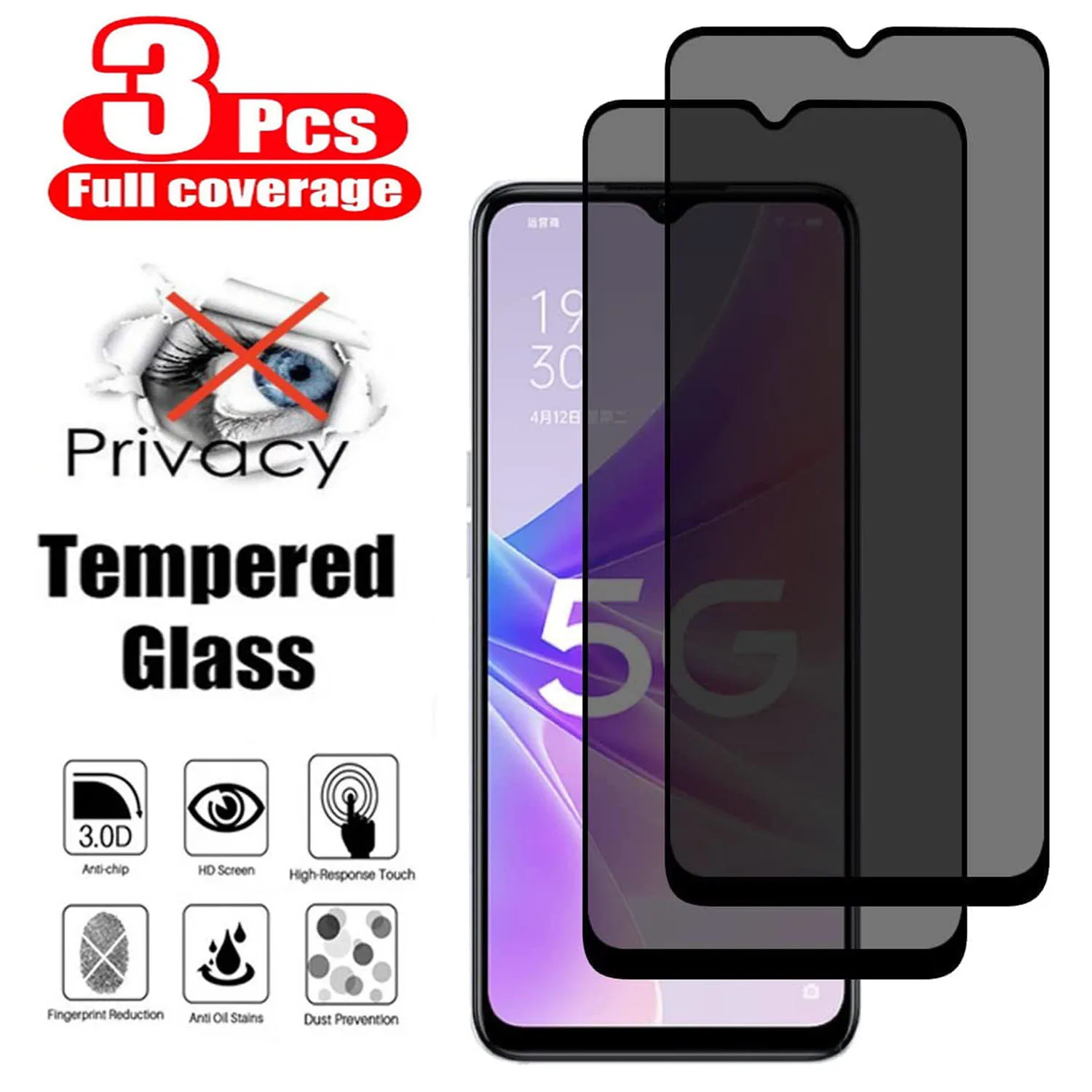 

9H Privacy Tempered Glass FIlm For Vivo Y72 Y73 Y75 Y76 Y31 Y32 Y33 Y33t Y33e 3Pcs Black Screen Protector Anti Spy Glass