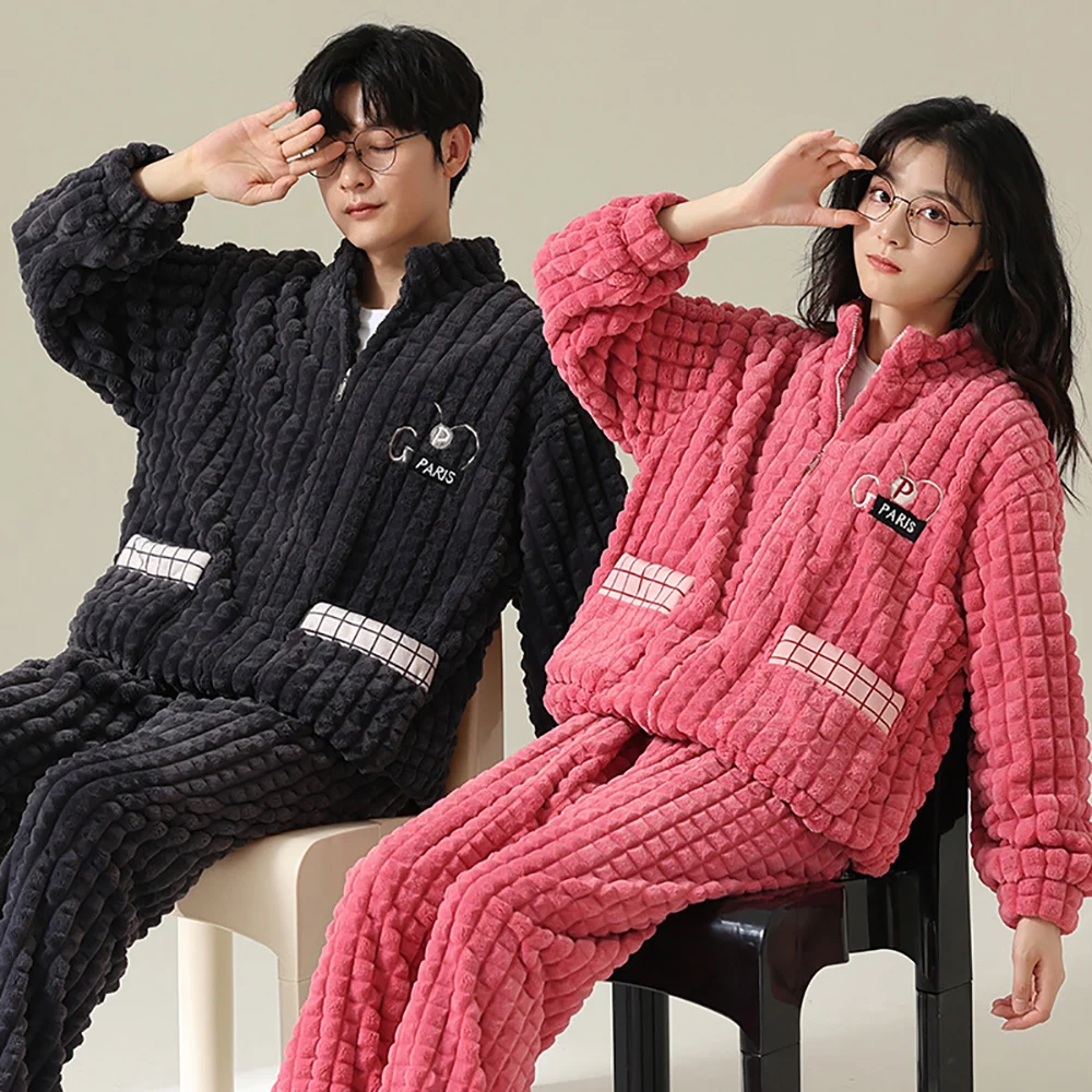 Casual Zipper Hooded Pajama Sets Winter Flannel Plush Thicken Warm Sleepwear New Fashion Cartoon Bear Pajamas In Set Couples