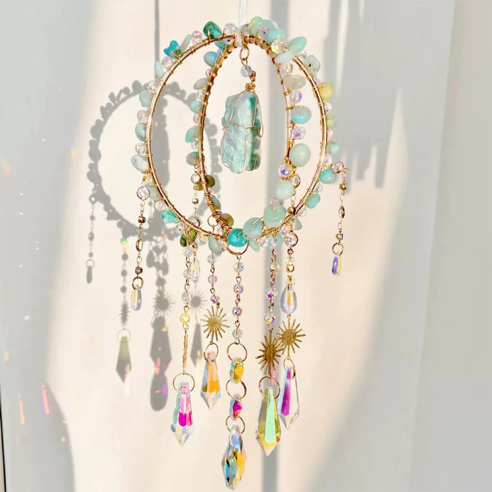 Custom Amazonite Crystal Sun Catcher - Double Hoop Gold Frame Raw Stone Chip Sphere Hanging Ornament for Window Decor