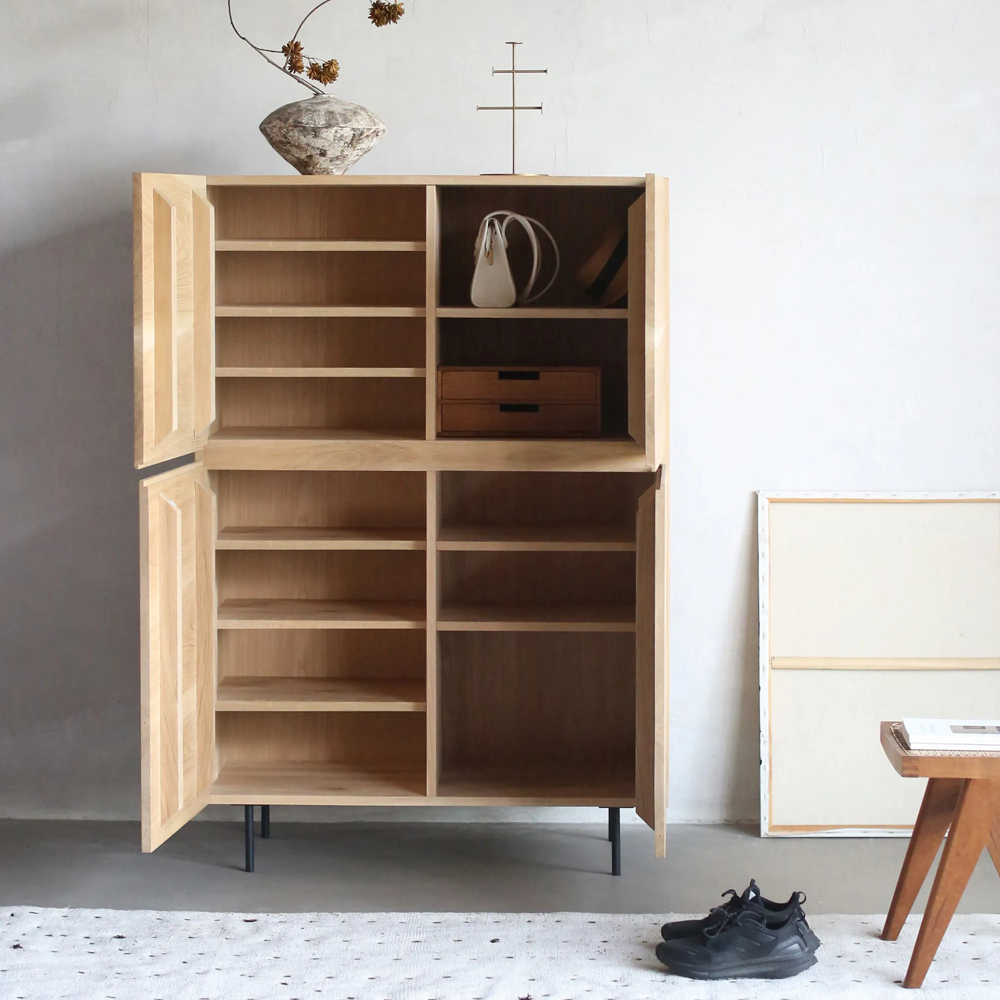 

#Modern Oak Solid Wood Wabi-Sabi Style Dustproof Multifunctional Tall Entrance Door & Hallway Cabinet Shoe Storage 13 Shelves