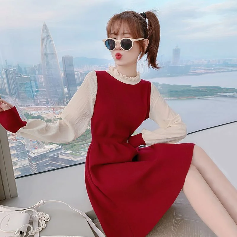 

Casual Dress Female 2023 Autumn and Winter Long Sleeve Dress Women Knitted Dress Women Splice Slim Sweater Dress Female Tops