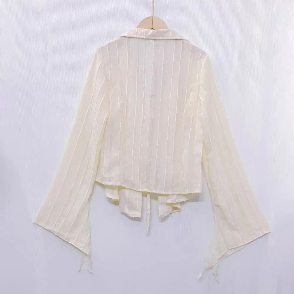 Miękka bluzka z szyfonu z dekoltem w serek, chroniąca przed słońcem, luźna beżowa bluzka damska ze sznurowaniem, falbankami, nieregularnymi długimi rękawami, idealna na festiwal muzyczny.