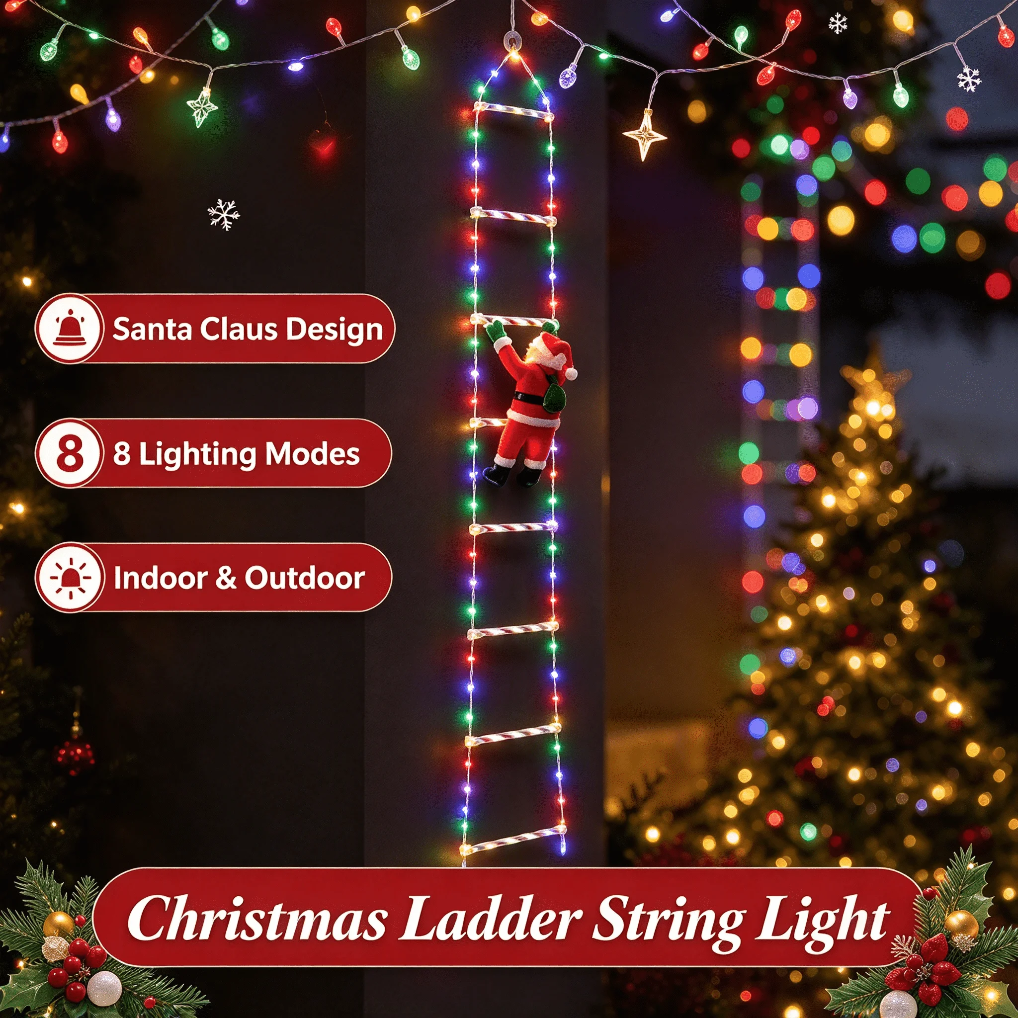3M Santa Claus Ladder LED String Lights Hanging Christmas Festive for Window Patio Indoor Outdoor Holiday Party Decor Garden