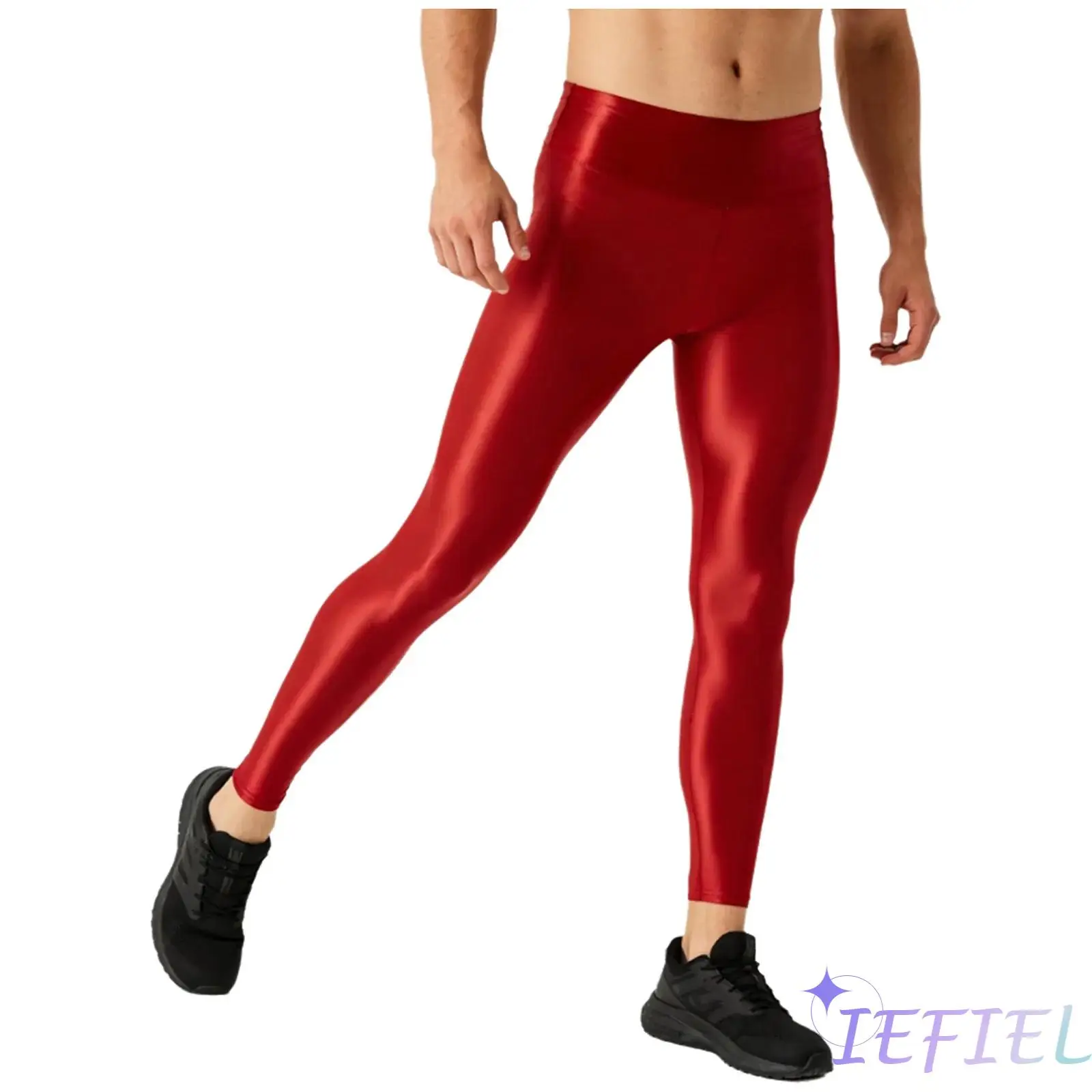 

Mens Wide Elastic Waistband Leggings Glossy Stretchy Athletic Pants for Yoga Gymnastics Workout Body-Building Exercises