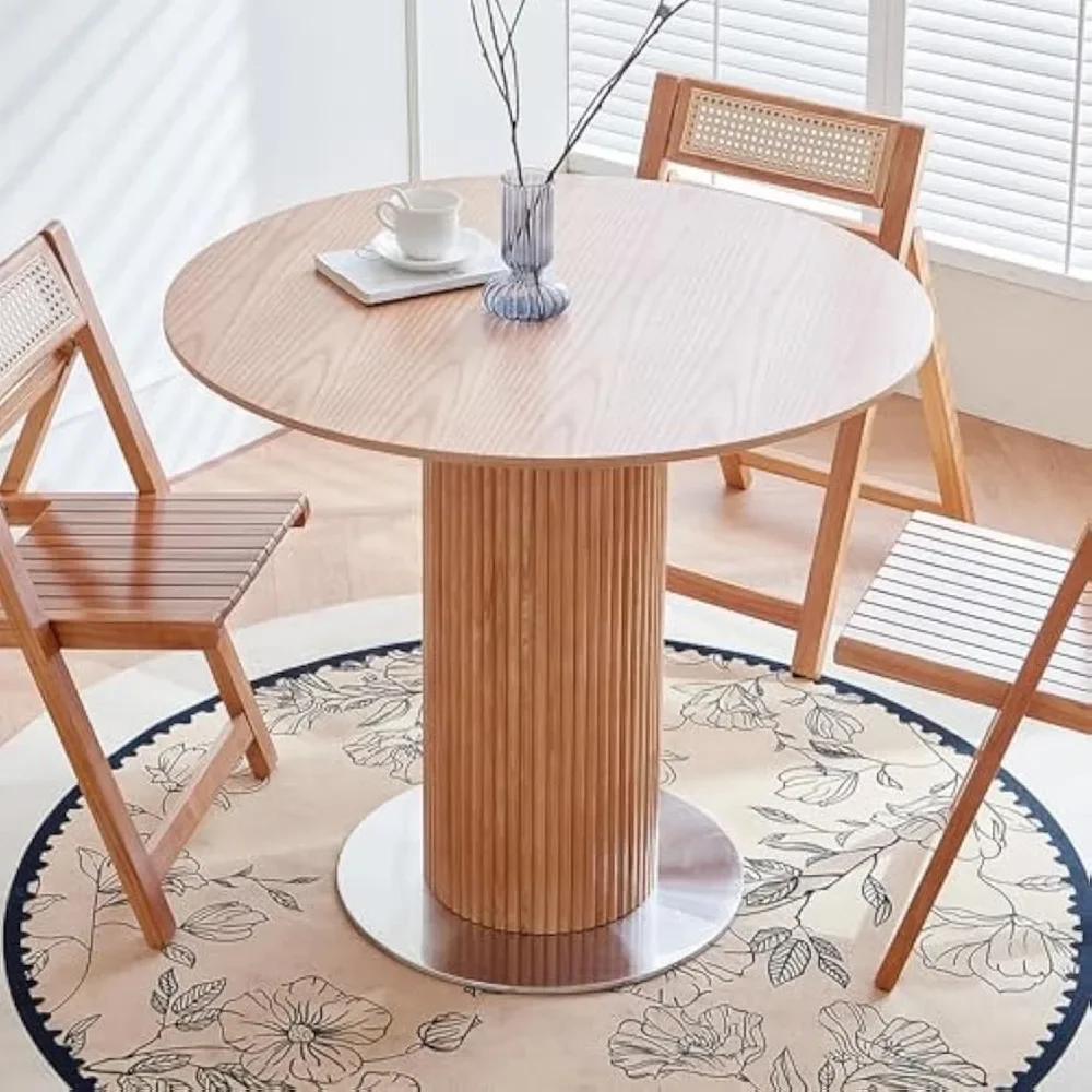 Round Wood Dining Table，Wooden Trestle Pedestal Base On Stainless Steel Plate，Small Space Kitchen Table|