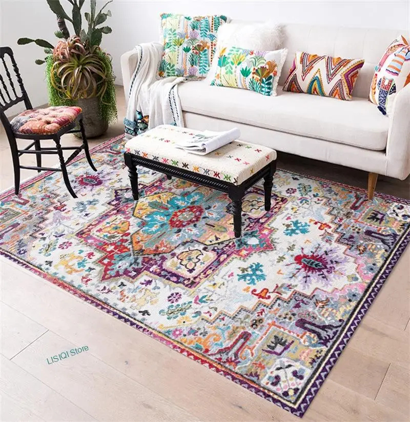 Anti-Skid Jacquard Carpet Living Room Floor Mat Floral Absorbent Non-Slip Bohemian Turkish Retro Area Rugs, Moroccan Style, New