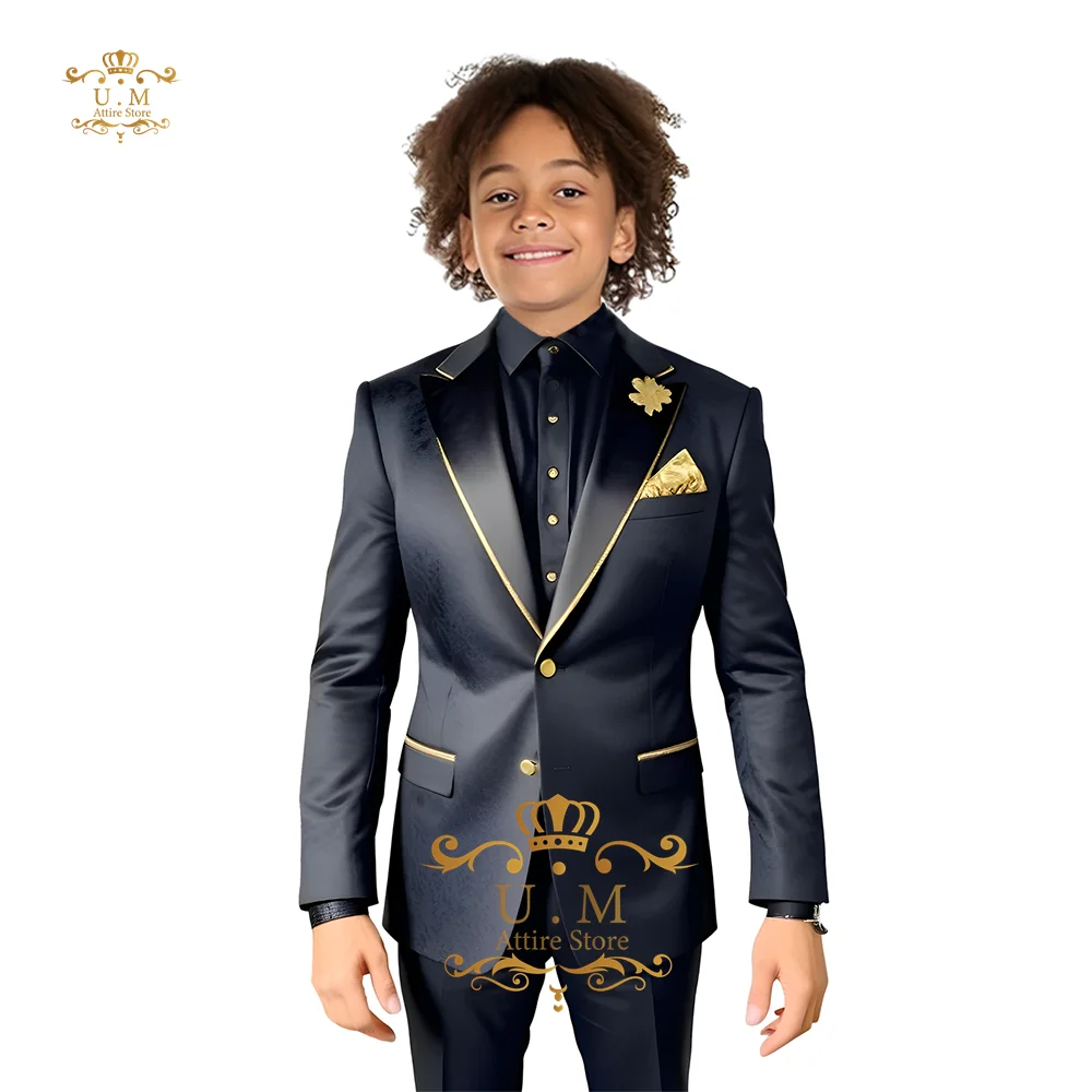 Luxury Boys' Suit 2-Piece Black Texture With Gold Accent Satin Attire for Wedding Party Elegant Formal Fashion Bespoke For Kids