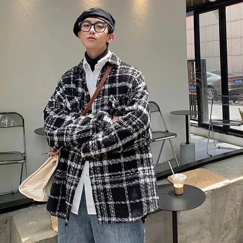 

Мужское весеннее шерстяное пальто Bla White в клетку Jaet Little Fraance Sle, верхняя одежда для пар, повседневная свободная посадка Long Sve