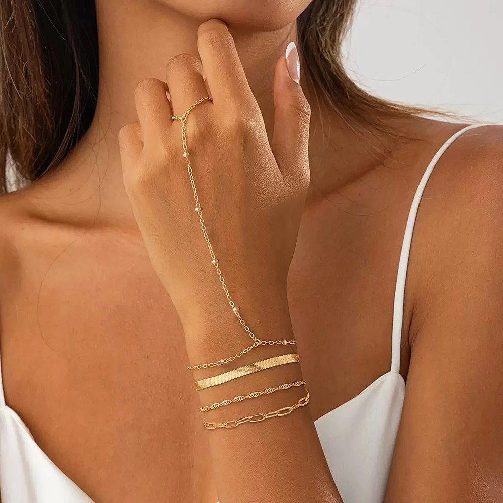 Women’s Multi Layer Gold Bracelet Pack,Hand Chain Ring Connected Beaded Chain with Snake&Paperclip Link for Party Holiday Dating
