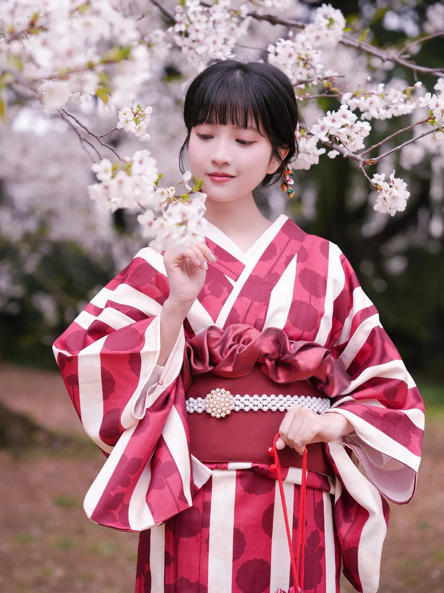 

Women's Japanese Modernized Kimono Dark Red Color Prints Yukata Photography Dress Cosplay Costume