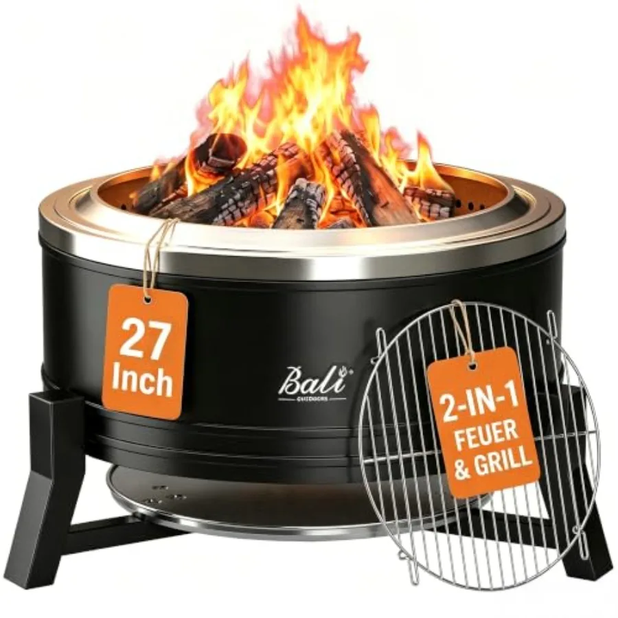 Large Outdoor Fire Pit for Smokeless Wood Burning with Grill, Steel, Black, Heavy-Duty and Dual-Function Design