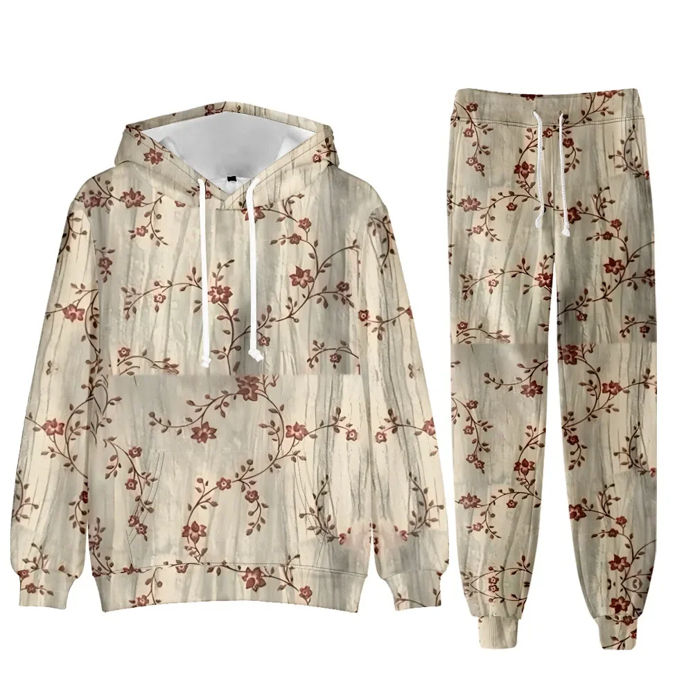 Plum Blossom  Art Vintage Women's Tracksuit Floral Vintage Cozy Casual Hoodie Sets Lounge Hoodie Oversized Jogger Sweatpants