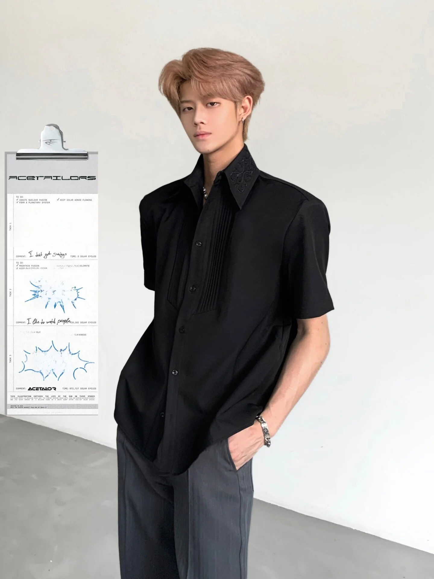 Ace Tailors Heavy Embroidery Short Sleeve Men's Shirt Fashionable Urban Style Polyester Lyocell Blend Summer Business Casual