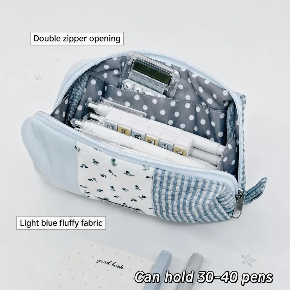 Durable Patchwork Pencil Case Floral Plaid Splicing Large Capacity Pen Bag Pencil Pouch Gift