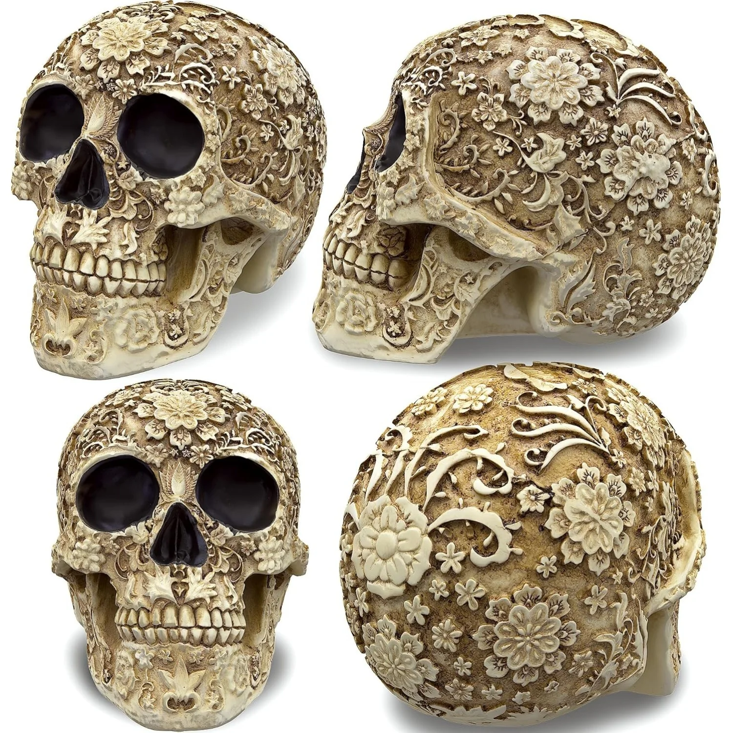 Life Size Resin Skull Floral Human Skull Model Adult Head Bone Model Day of The Dead Décor Halloween Figurines & Miniatures