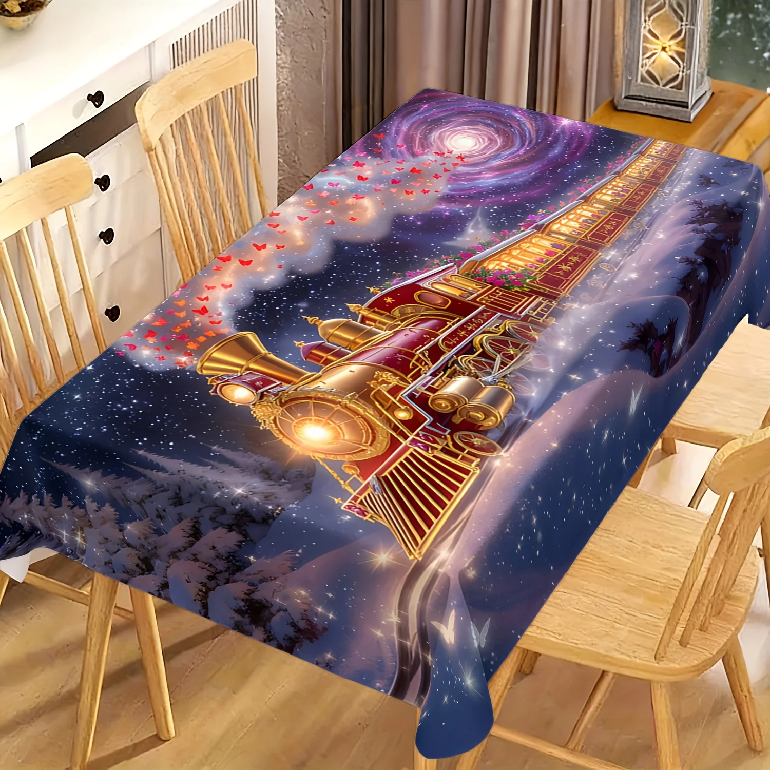 1pc 2D Flat Tablecloth, Retro Red Gold Steam Train Snow Cedar Starry Sky Red Butterflies Printed Rectangle Tablecloth