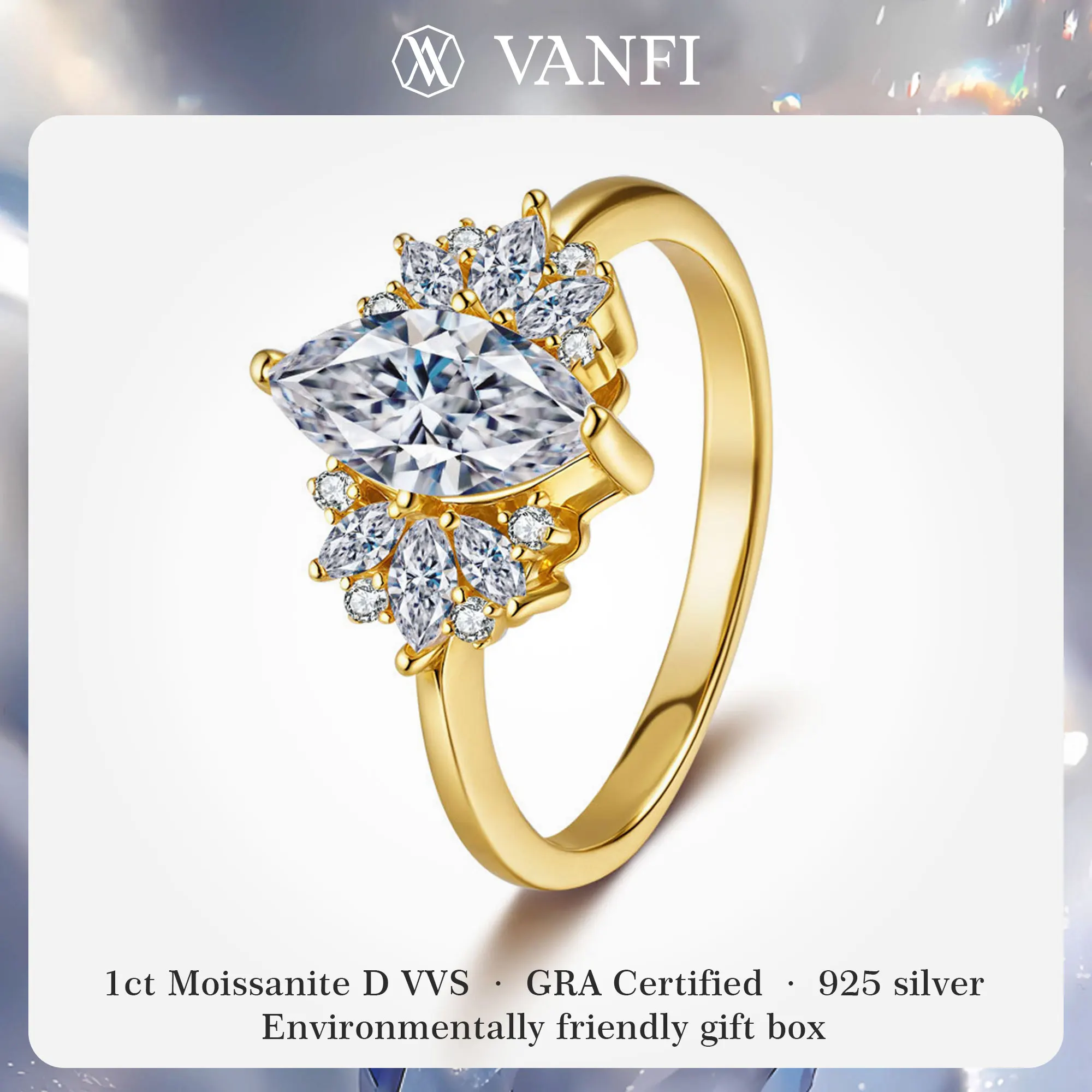 

KFVANFI Moissanite Ring for Women Sparkling 925 Sterling Silver 18K Gold Plated Luxury Engagement Wedding Band Exclusive Gift
