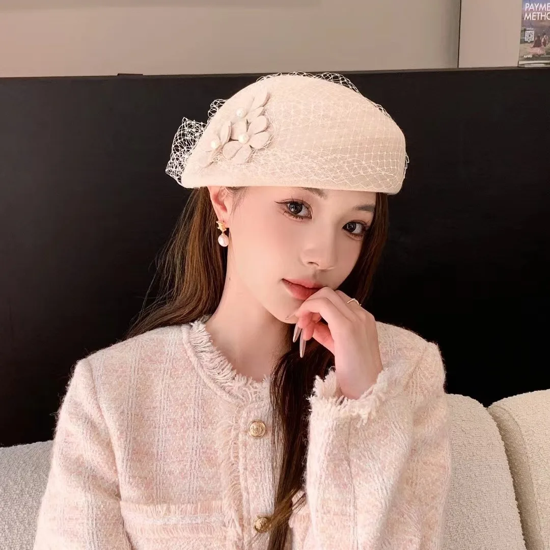 French Style Temperament Hat For Women 2024 New Fall Winter Fashion Vintage Wool Beret Shaping Newsboy Cap Lace