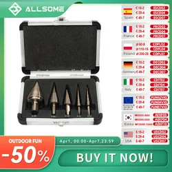 ALLSOME 5 sztuk Metric/Cal Hss zestaw wierteł stopniowych wielokrotnego otworu 50 rozmiarów z aluminiowa obudowa