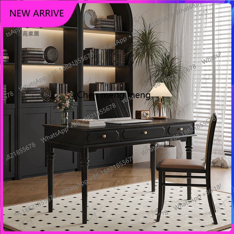 

French antique solid wood black desk, simple writing desk American rural retro A