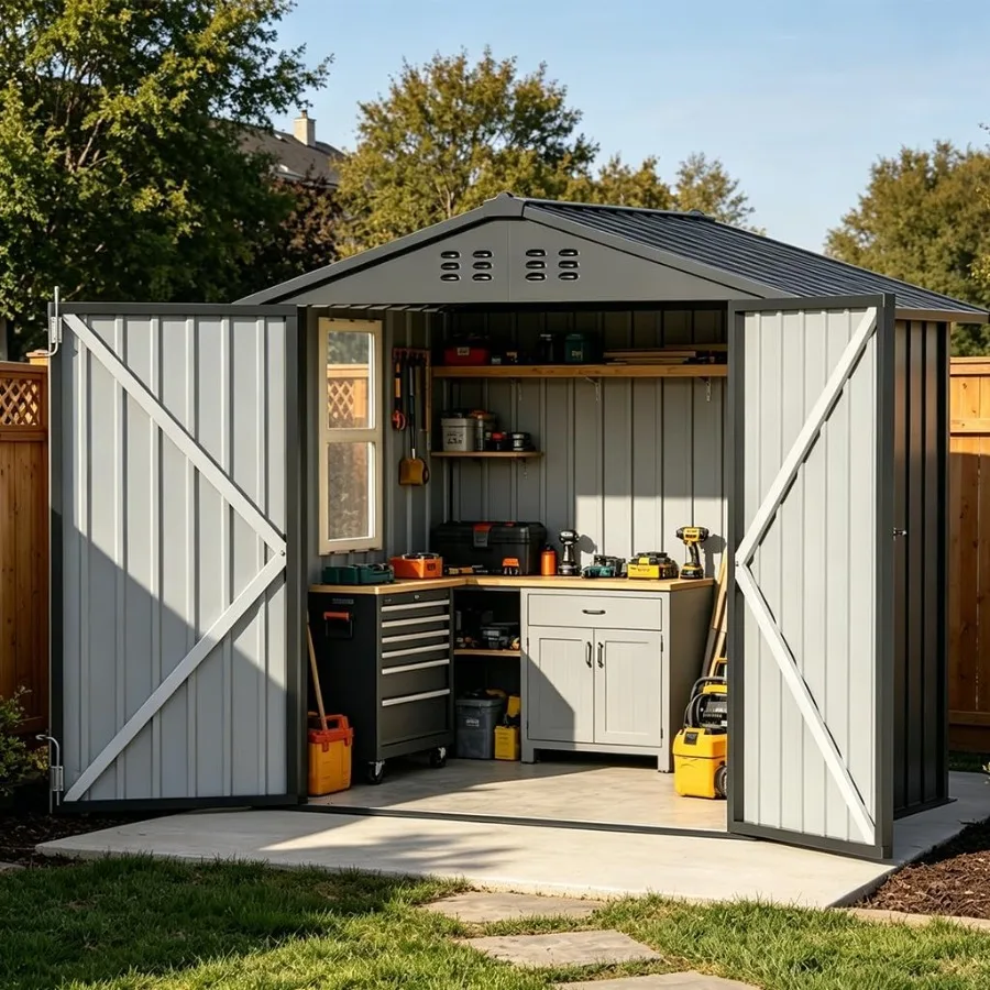 Outdoor storage shed with window: metal lockable garden toolhouse in light grey, 6x4ft, ventilated and weather-resistant for ba