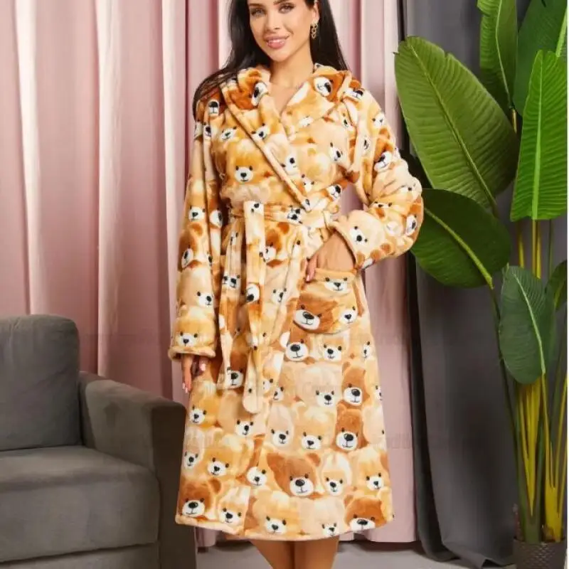 

Милая фланелевая одежда для сна с героями мультфильмов, женское кимоно, халат, осенне-зимняя новая ночная рубашка, женская мягкая домашняя одежда с капюшоном