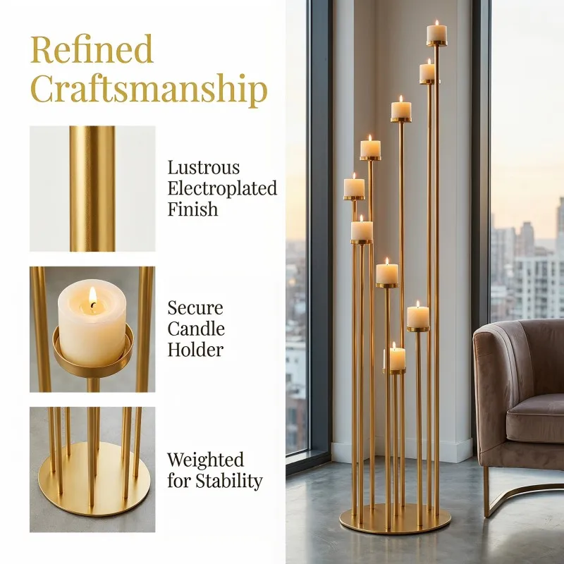 9-Tier Staggered Pole Floor Candlestick Black/Golden Metal Candle Stand for Grand Entrance Banquet Centerpiece Ornament