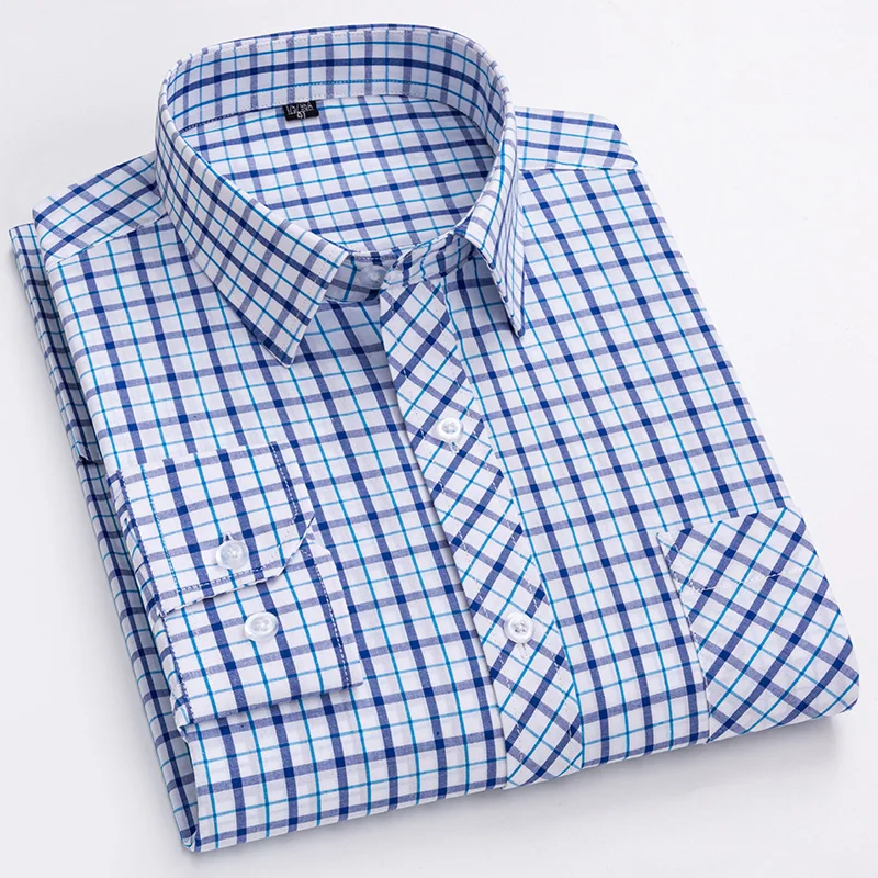 Camisa de algodón Oxford a cuadros informal versátil para hombre, bolsillo frontal en el pecho, ajuste Regular, botón de un solo pecho, cuello grueso