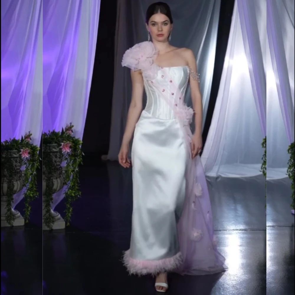 

Intricate Satin Pleat Sequined Feather Column One-shoulder Midi Dresses Evening Dresses Fashion Sizes Available Exquisite