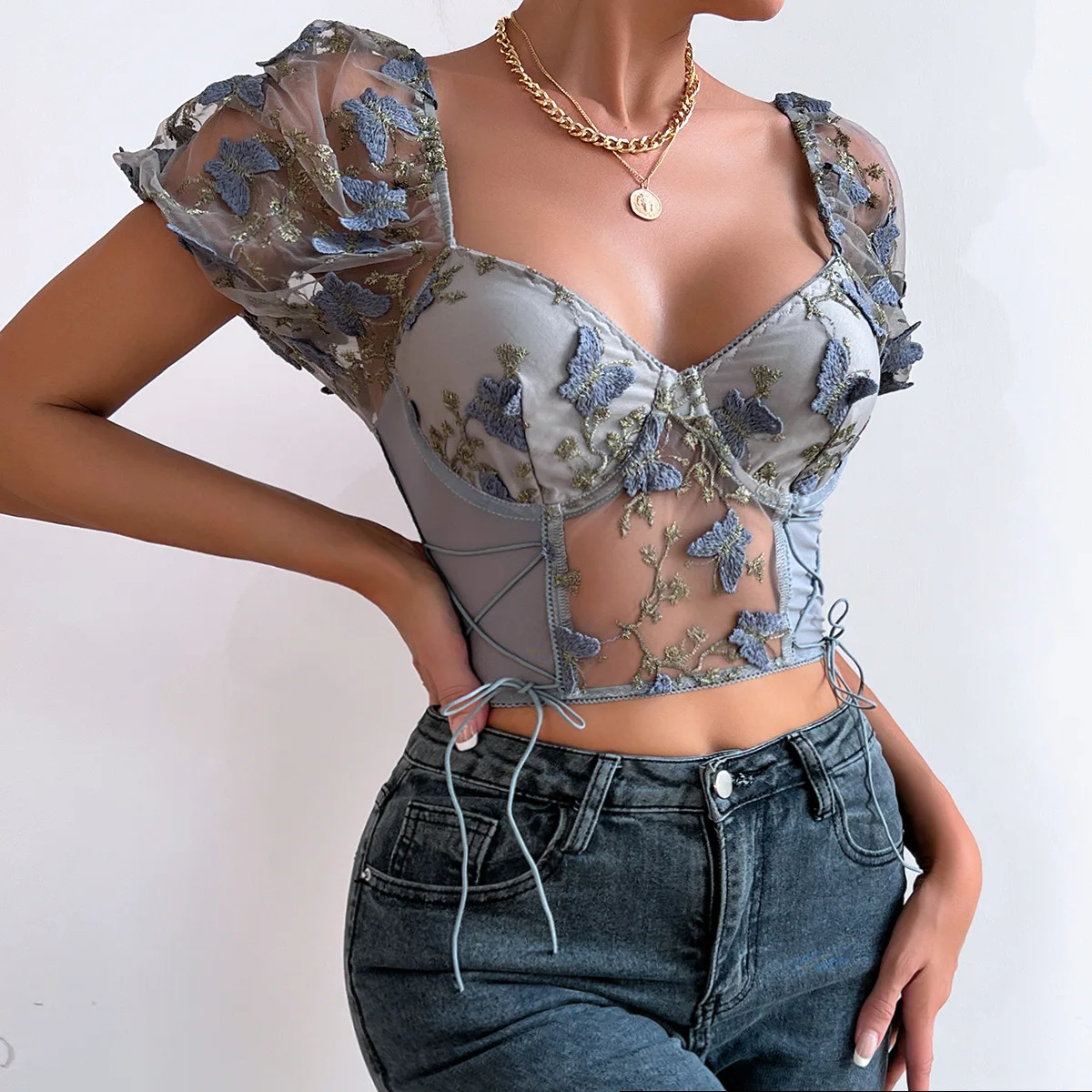 Yimunancy Floral Embroidery Crop Tops Women Puff Sleeve Ruched Backless Boho Tops