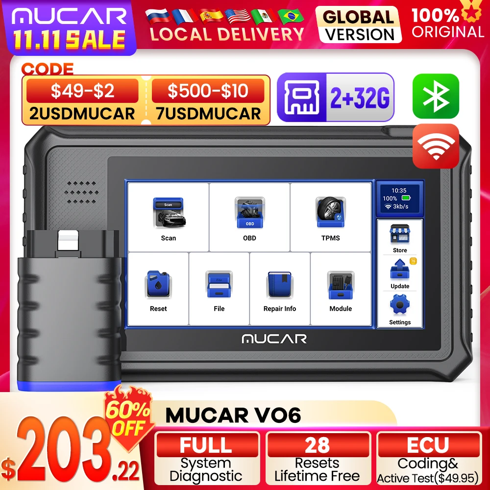 MUCAR VO6 모든 자동차 평생 무료 전체 시스템 28 리셋 Obd2 진단 도구, ECU 코딩 양방향 스캔 Obd 2 자동 스캐너 