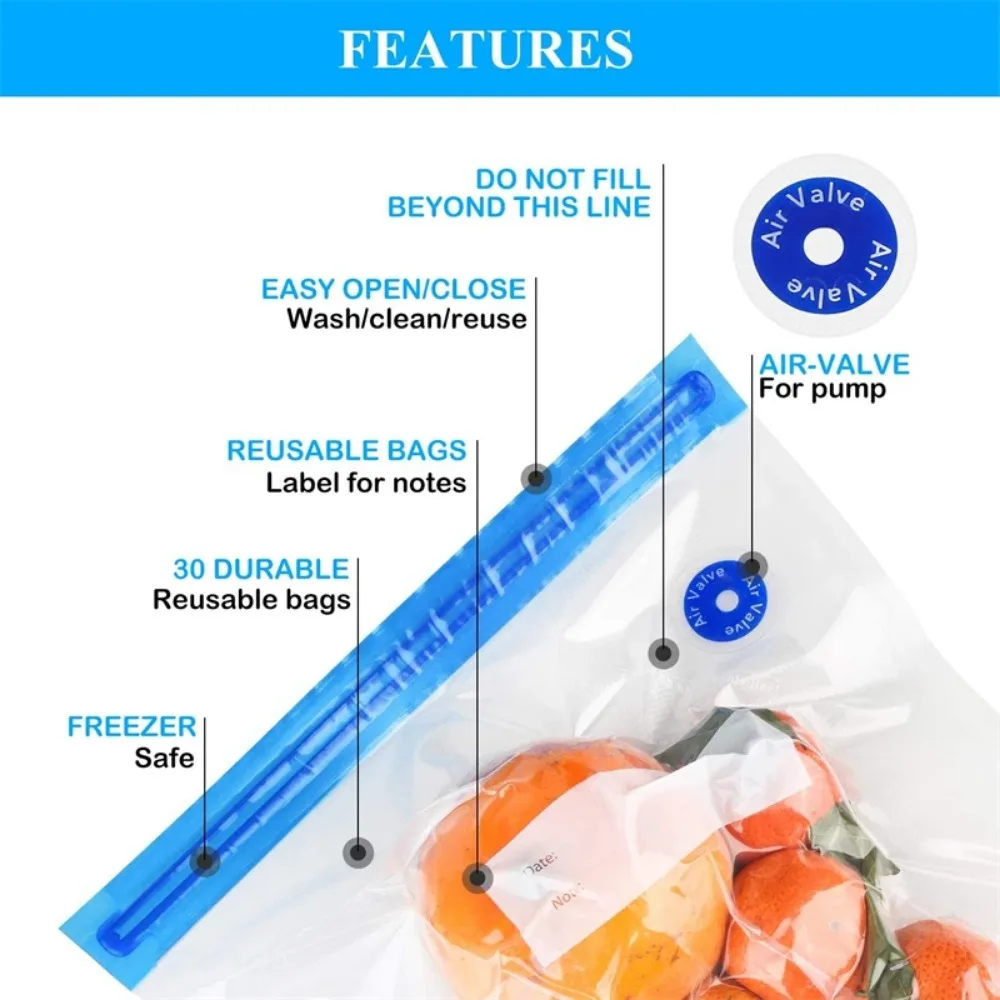 Reusable Vacuum Sealer Bag, Air Valve Pump Sealing Vegetables Meat Fresh-keeping Bag, Kitchen Food Storage Zipper Bags