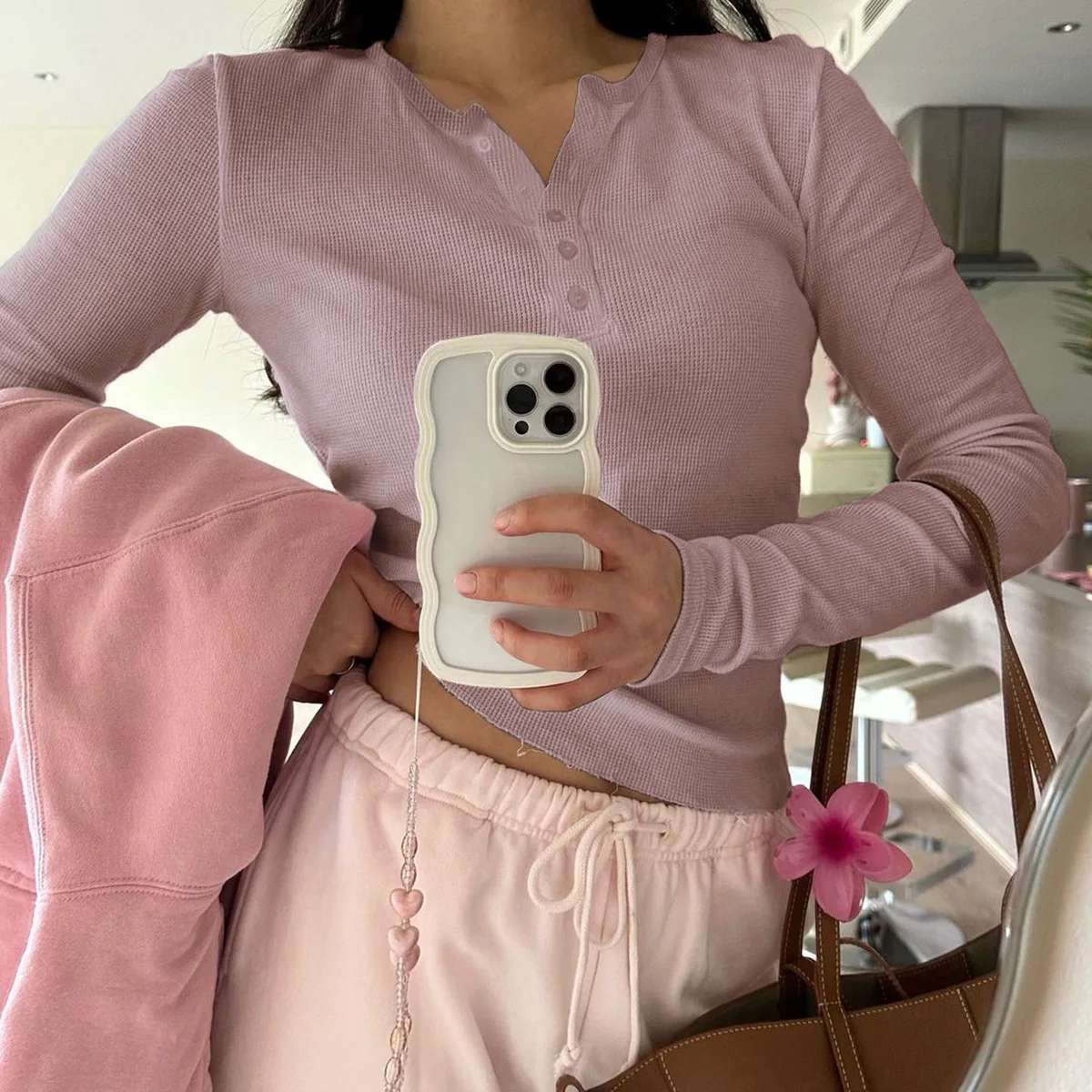 DiYun ربيع وصيف 2025 عادية محبوك طويل Sve V-Ne المرأة تي شيرت لون نقي زر عبر الحدود Faion ملابس نسائية #3